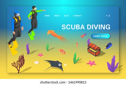 The concept of web banner scuba diving. Divers on the seabed surrounded by marine animals and plants. Vector isometric illustration.