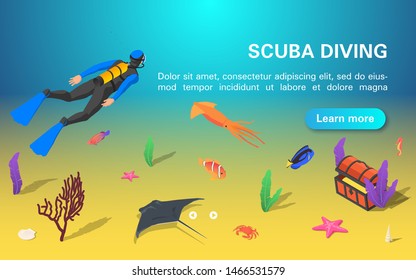 Das Konzept von Web-Banner Scuba Tauchen. Der Taucher untersucht die Flora und Fauna des Meeresbodens. Vektorillustration isometrische Abbildung.