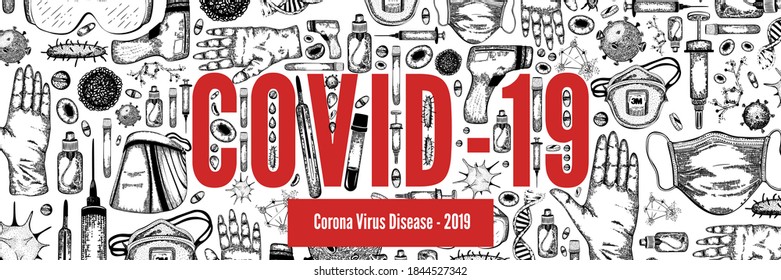 Concept web banner mit dem Wort Covid-19 und skizzierte Elemente medizinischer Geräte und Werkzeuge