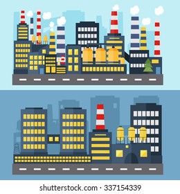 Concept for web banners and infographic. Set of Industrial icons.  Horizontal banners with factory buildings. Set of color urban landscape and city life banners