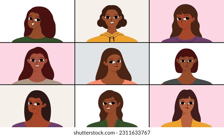 Concept of web communication, videoconference, online class. Group of black women talking on a video link. Cartoon flat design
