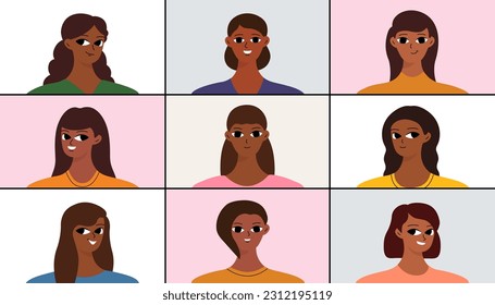 Concept of web communication, videoconference, online class. Group of black women talking on a video link. Cartoon flat design
