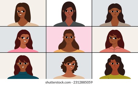 Concept of web communication, videoconference, online class. Group of black women talking on a video link. Cartoon flat design

