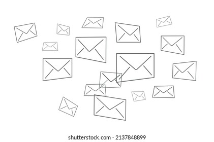 Concept of web contacts via e-mail. Lots of envelope icons in different shapes and sizes on a white background. Vector illustration