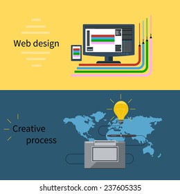 Concept for web design and creative process with desktop computer, digital pen and tools and instruments of web designer