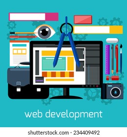 Concept of web design and development with web banners, design tools and digital devices in flat style