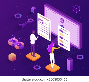 Concept of web design development. A man and a woman are developing an interface design for a website. Modern isometric cartoon vector illustration on a purple background.