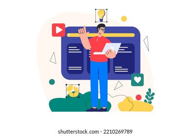 Concept Web design with people scene in the flat cartoon style. Designer checks all settings before loading the site. Vector illustration.