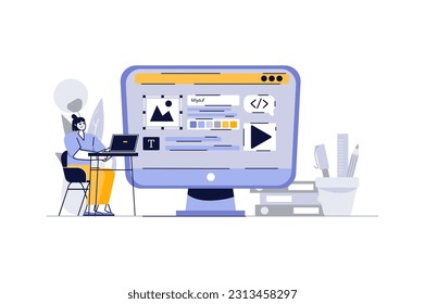 Concept Web design with people scene in the flat cartoon design. A web designer reviews the design of a new website. Vector illustration.