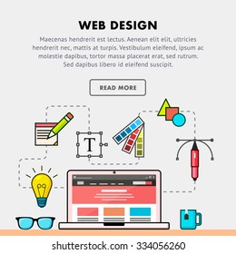 Concept of web design process banner with laptop and icons on light background and place for text Flat style with outlines Template Hero image Vector illustration