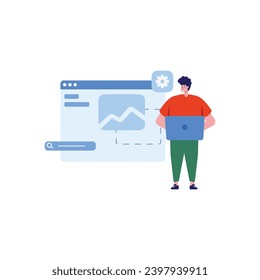 Concept web designer, website page development. The working process. Template landing page for website. Web development, optimization, user experience. Website layout elements, photo, data transfer.