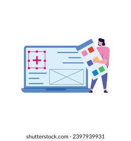 Concept web designer, website page development. The working process. Template landing page for website. Web development, optimization, user experience. Website layout elements, photo, data transfer.