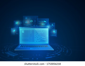 concept of web development technology, graphic of computer notebook with digital futuristic element