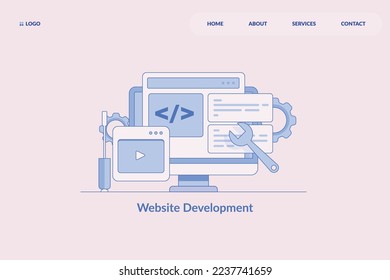 Concept of web development, website builder, App development, website under maintenance concept - flat outline vector landing page template