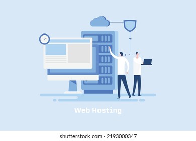 Concept of web hosting service, People using cloud computing, Website hosting servers, Secure web hosting - flat design vector illustration with characters