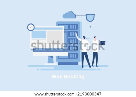 Concept of web hosting service, People using cloud computing, Website hosting servers, Secure web hosting - flat design vector illustration with characters