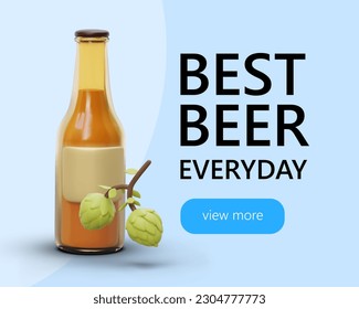 Concept of web page with 3d glass bottle of beer and hop on blue background for beverage factory website. Promotion banner best beer every day. Vector illustration
