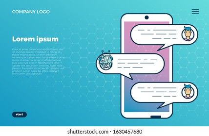 Concept of a web page or banner with an illustration of a cute smiling robot chatting in a messenger with a person. Virtual help online customer support. With place for text.