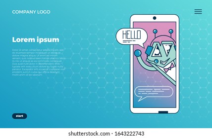 Concepto de página web o banner con la ilustración de un lindo robot sonriente charlando con una persona. Asistencia virtual al cliente en línea. Con lugar para el texto. 