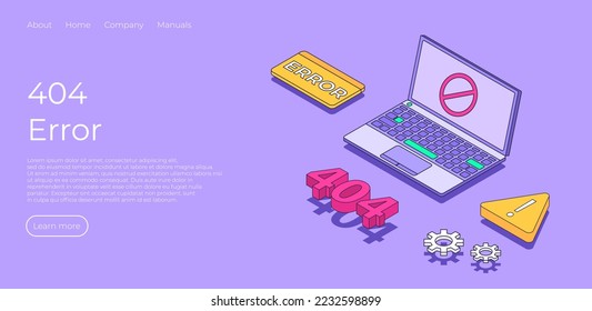 Concept of web page connection error. Landing page design with laptop, danger sign, web server, work gear and 404 text number. Trendy contemporary isometric vector illustration style