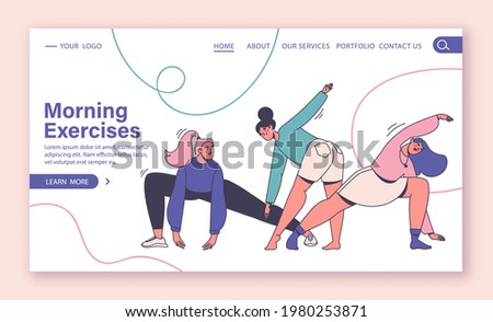 Concept for web page, landing page, web design. Healthy lifestyle, exercise in the morning. Female characters in modern flat style with outline, go in for sports, fitness, yoga, workout.