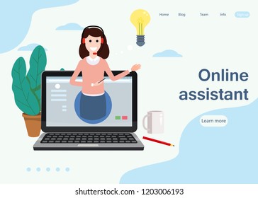 Concept Web page online assistant, customer and operator, call centre, online global technical support 24-7. Vector illustration female hotline operator advises client, virtual help service.