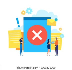 Concept web page with rejected letter, unsubscribe, College rejected admission or employment for web, banner, presentation, social media, documents, cards, posters. Vector illustration red x mark