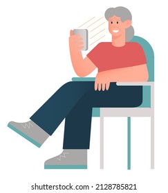 Concept of web phone addiction, new world of commutication. Grey hair old woman enjoying time with her phone relaxing in her chair. Vector flat illustration isolated on white background