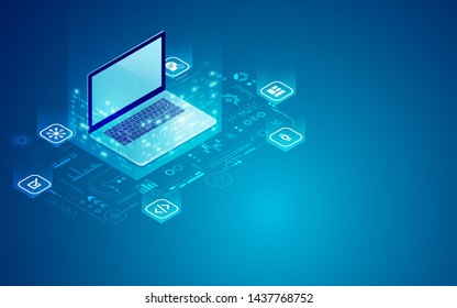 concept of web programming development, laptop with UI UX interface element in isometric