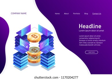 Concept of web site main page, landing page with isometry. Earning cryptocurrency, mining bitcoin. Laptops and servers. 3d gold bitcoin. Vector illustration.