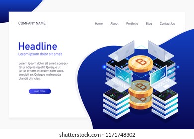 Concept of web site main page, landing page with isometry. Earning cryptocurrency, mining bitcoin. Laptops and servers. 3d gold bitcoin. Vector illustration.