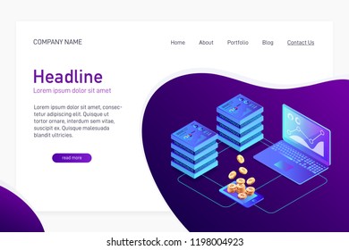 Concept of web site main page, landing page with isometry. Isometric concept of mining bitcoin using laptop. Laptops, network, analysis and statistics. 3d gold bitcoin. Vector illustration.