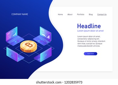 Concept of web site main page, landing page with isometry. Isometric concept of mining bitcoin using laptop. Laptops, network, analysis and statistics. 3d gold bitcoin. Vector illustration.