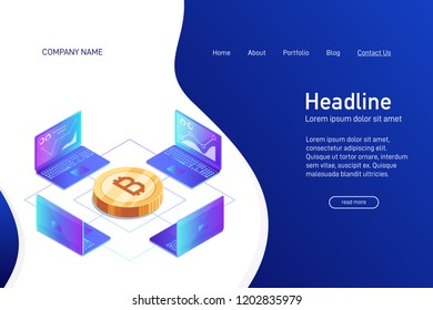 Concept of web site main page, landing page with isometry. Isometric concept of mining bitcoin using laptop. Laptops, network, analysis and statistics. 3d gold bitcoin. Vector illustration.