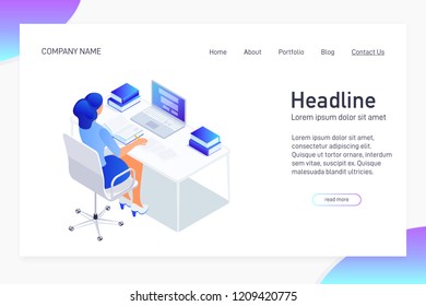 Concept of web site main page, landing page with isometry. Isometric concept of studying using laptop, reading book, make notes, writing article, essay, scientific work. 3d vector illustration.