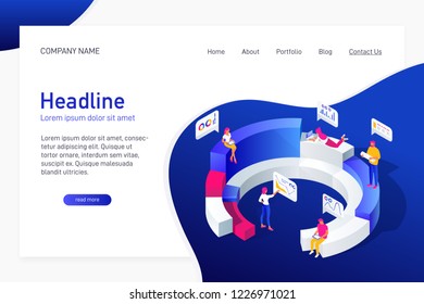 Concept of web site main page, landing page with isometric concept business statistics, people analyze diagrams, graphs, market research, e-commerce, 3d vector illustration