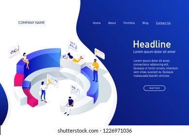 Concept of web site main page, landing page with isometric concept business statistics, people analyze diagrams, graphs, market research, e-commerce, 3d vector illustration