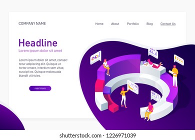 Concept of web site main page, landing page with isometric concept business statistics, people analyze diagrams, graphs, market research, e-commerce, 3d vector illustration