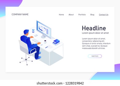 Concept of web site main page, landing page with isometric concept man work with business statistics, manager using computer at workplace, presentation with graph and diagram, 3d vector illustration