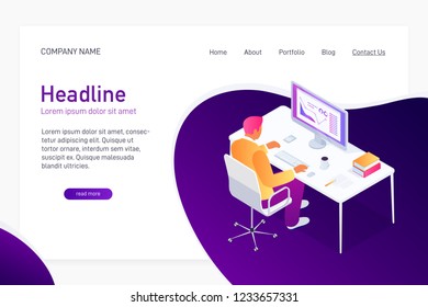 Concept of web site main page, landing page with isometric concept man work with business statistics, manager using computer at workplace, presentation with graph and diagram, 3d vector illustration