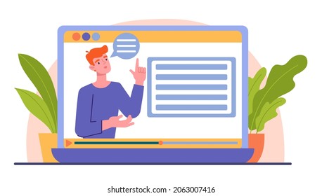 Concept of webinar. Distance learning, lessons on Internet. Man on screen tells information. Remote project management, monitor. Cartoon flat vector illustration isolated on white background