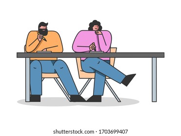 Concept Of Webinar. Man And Woman Are Taking An Online Remote Joint Course Or Video Business Conference, Listening To The Instructor In Front. Cartoon Linear Outline Flat Style. Vector Illustration