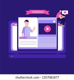 Concept of webinar, online education, web education and business training. Vector illustration in flat design