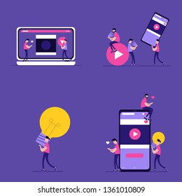 Concept of webinar, online learning, web education, internet addiction and business training. Vector illustration in flat design with tiny people