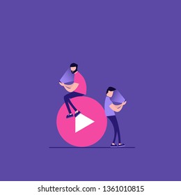 Concept of webinar, online learning, web education, internet addiction and business training. Vector illustration in flat design with tiny people