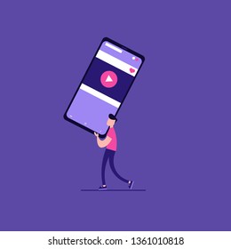 Concept of webinar, online learning, web education, internet addiction and business training. Vector illustration in flat design with tiny people