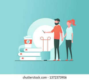Concept of webinar, online learning, web education and business training. Man and woman learning distance with books, coffee and smartphone.  Vector illustration in flat design
