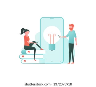 Concept of webinar, online learning, web education and business training. Woman and man learning distance with books, coffee and smartphone.  Vector illustration in flat design