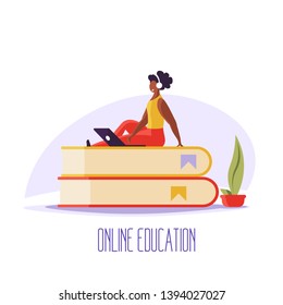 Concept of webinar, online learning, web education and business training. Woman learning distance with books and notebook.  Vector illustration in flat design