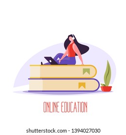 Concept of webinar, online learning, web education and business training. Woman learning distance with books and notebook.  Vector illustration in flat design